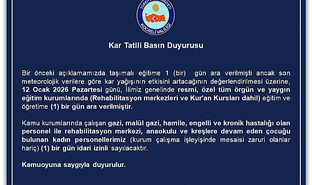 Kocaeli ve İlçeleri'nde Eğitime bir günlük ara verildi!